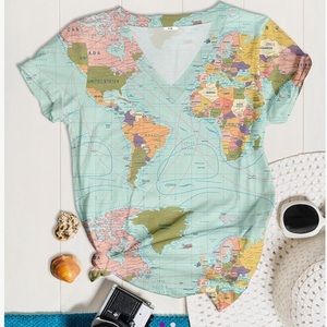Pixie Lady Map Print V-Neck Tee Size M NWT